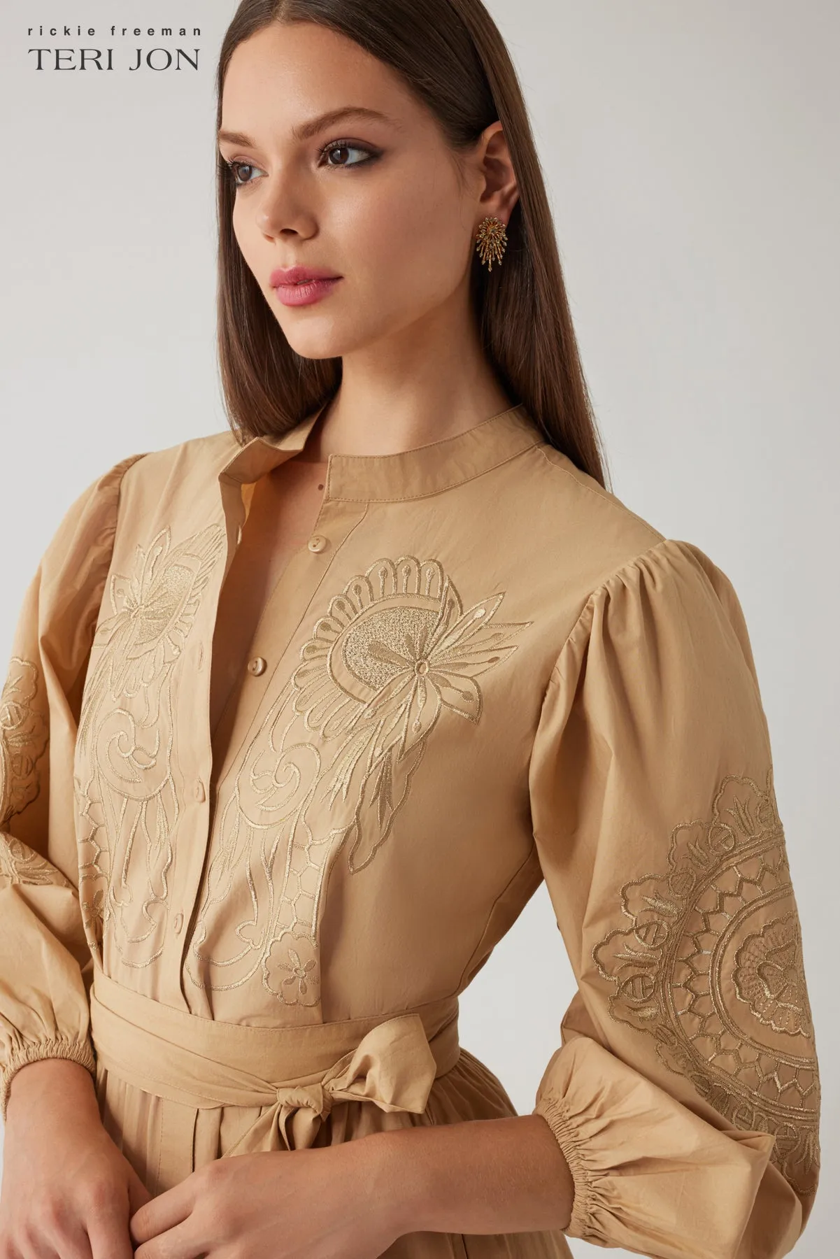 Cotton Metallic Embroidered Full Sleeve Tiered Skirt Dress sold by Teri Jon product image thumbnail 4