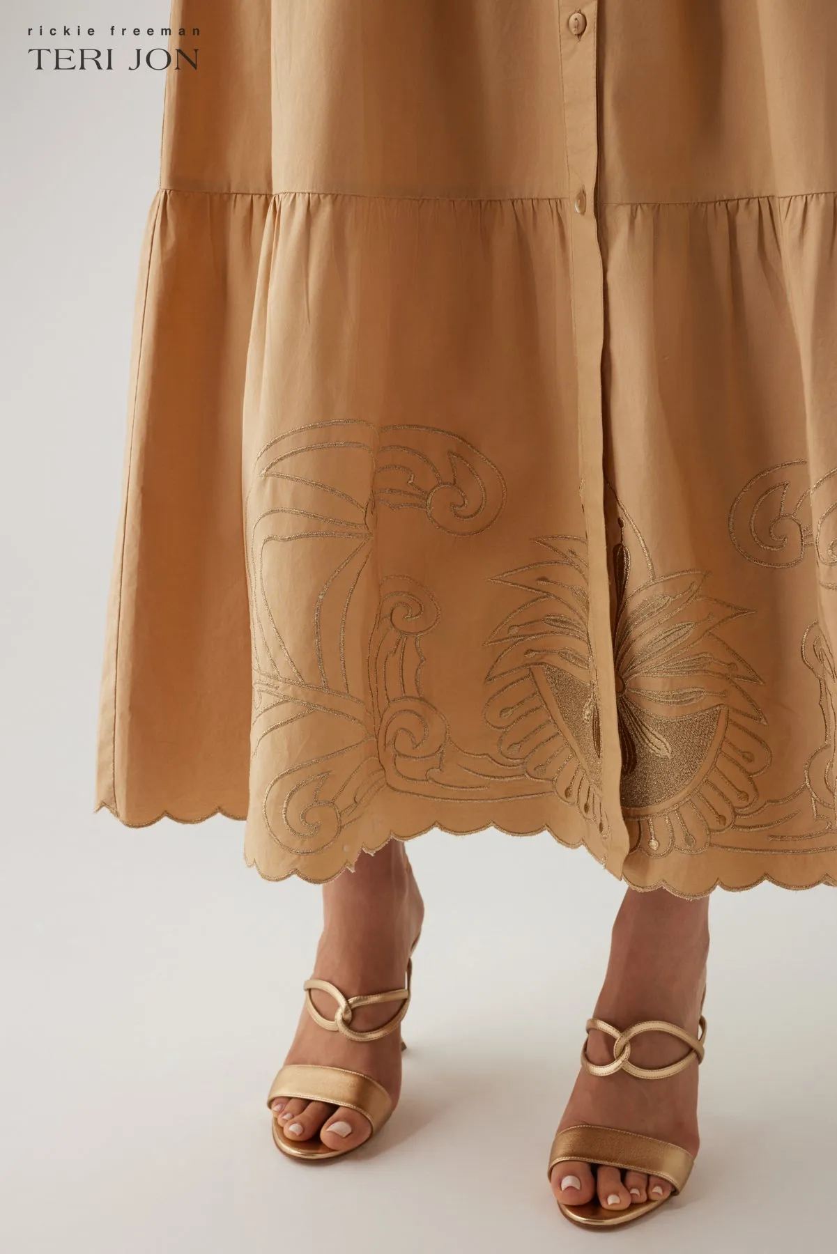 Cotton Metallic Embroidered Full Sleeve Tiered Skirt Dress sold by Teri Jon product image thumbnail 3