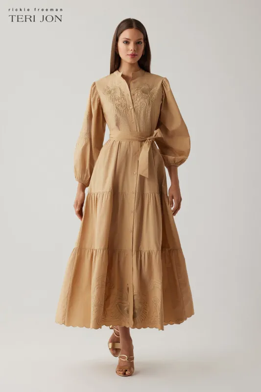 Cotton Metallic Embroidered Full Sleeve Tiered Skirt Dress made by Teri Jon