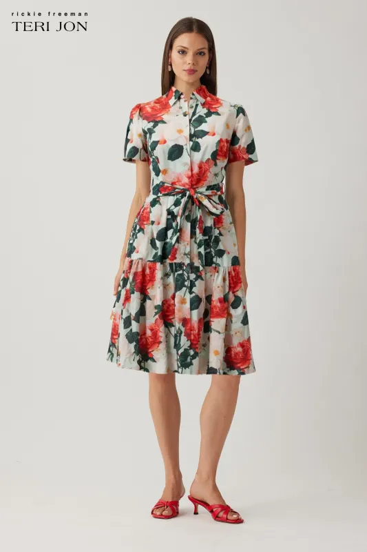 Cotton Print Shirt Collar Drop Waist Tiered Skirt Dress sold by Teri Jon