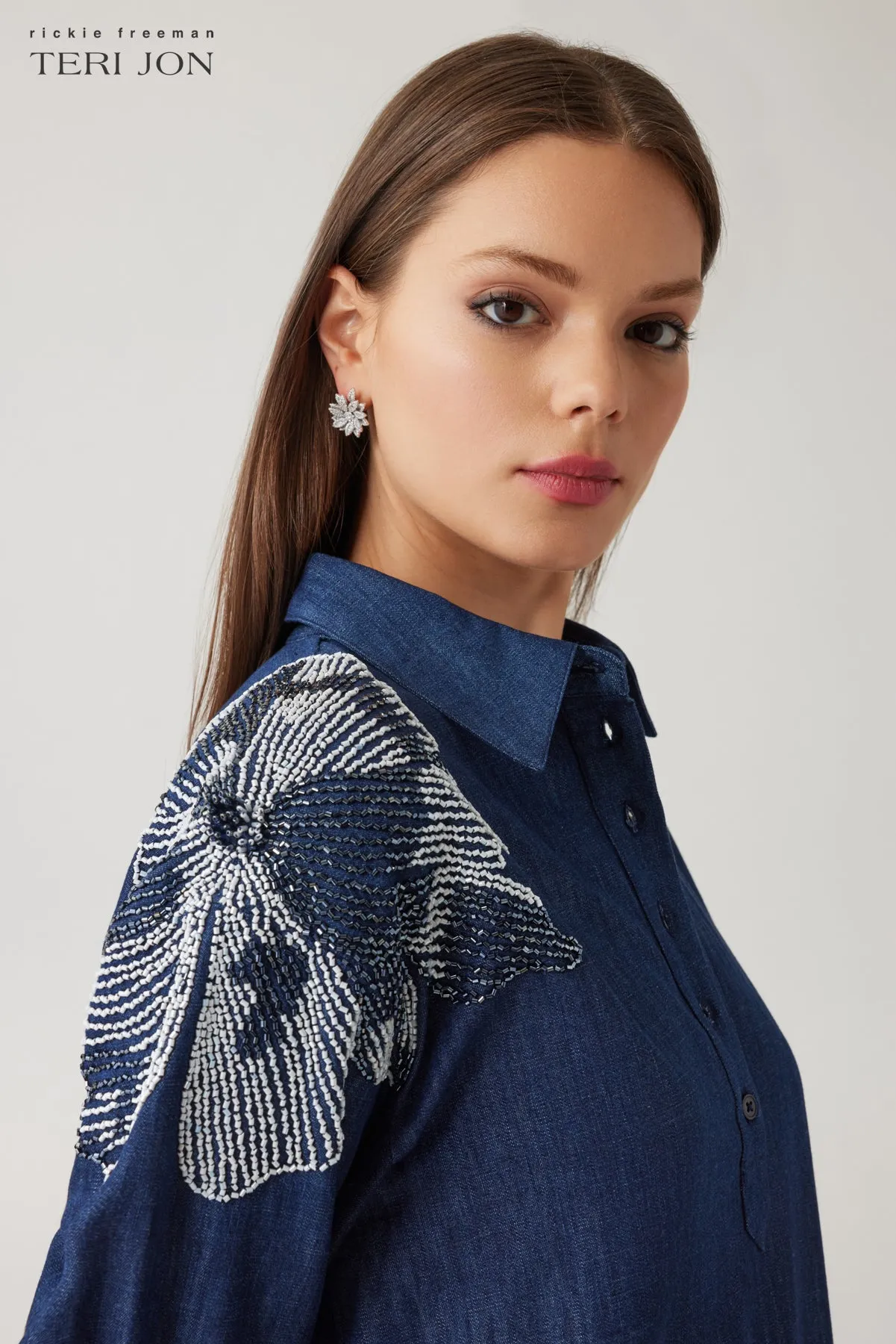 Denim Shirt Collar Tunic Beaded Trim Dress sold by Teri Jon product image thumbnail 3