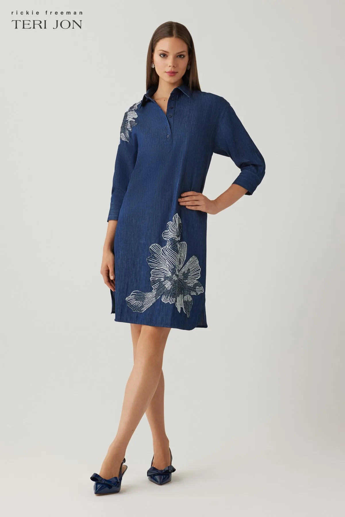 Denim Shirt Collar Tunic Beaded Trim Dress sold by Teri Jon