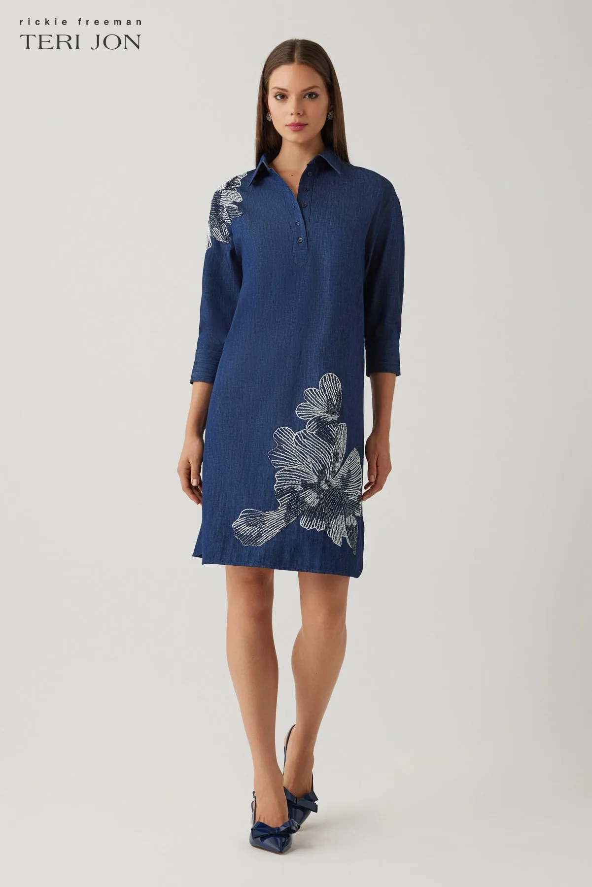 Denim Shirt Collar Tunic Beaded Trim Dress sold by Teri Jon product image thumbnail 2