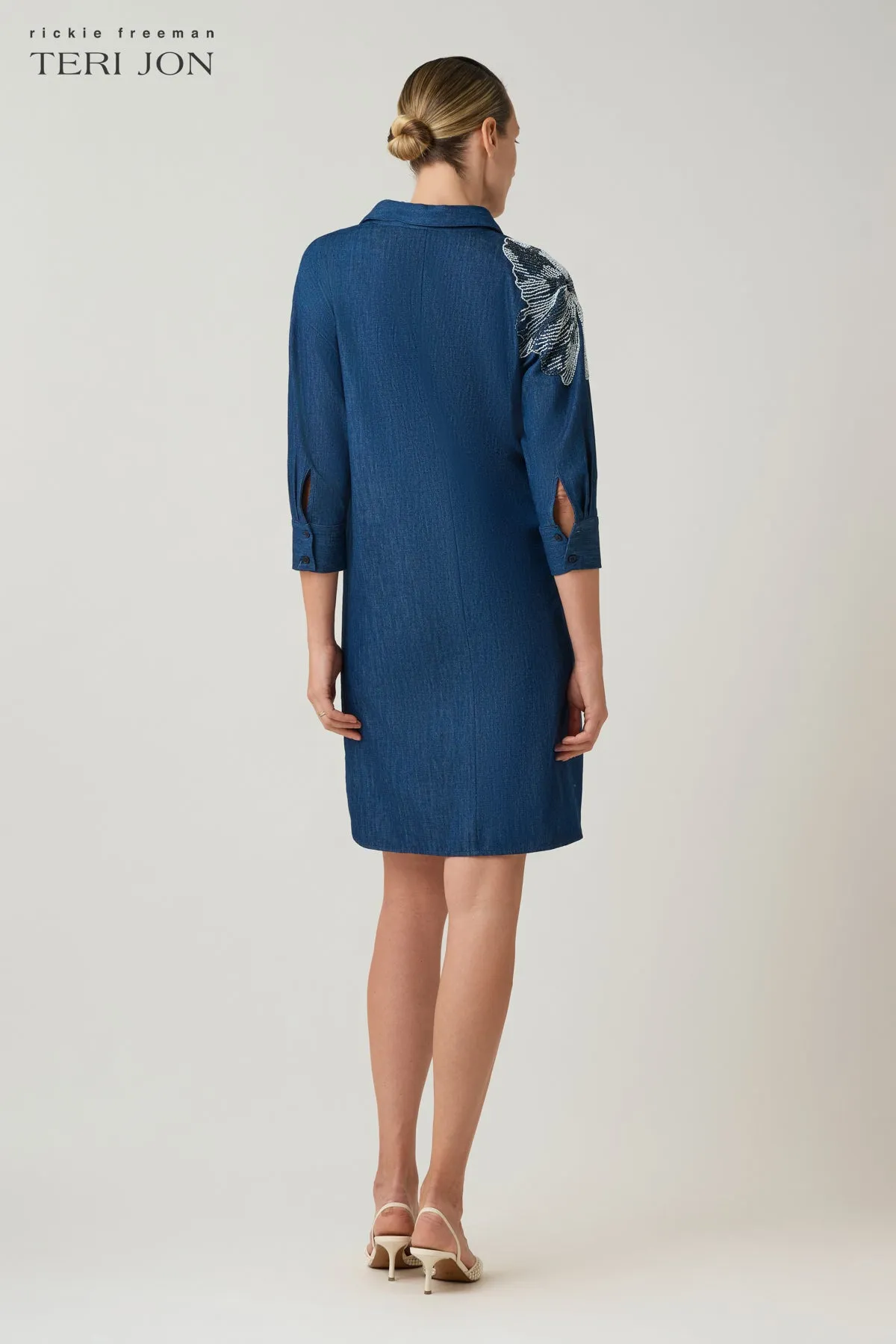 Denim Shirt Collar Tunic Beaded Trim Dress sold by Teri Jon product image thumbnail 4