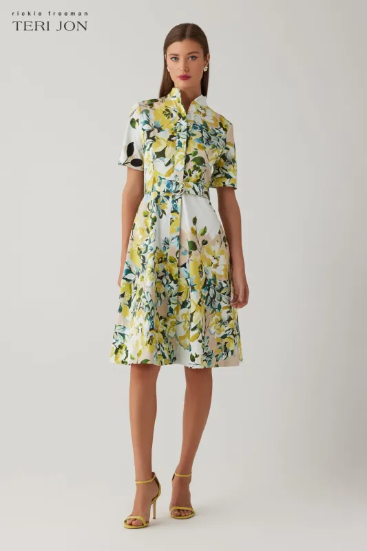 Cotton Print Mandarin Neck Shirtwaist Belted Dress sold by Teri Jon