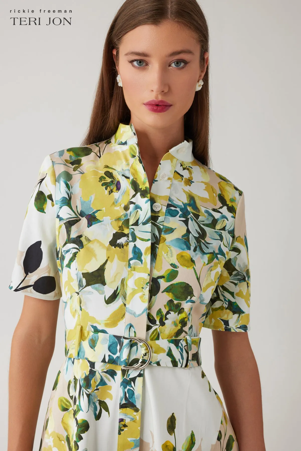 Cotton Print Mandarin Neck Shirtwaist Belted Dress sold by Teri Jon product image thumbnail 3