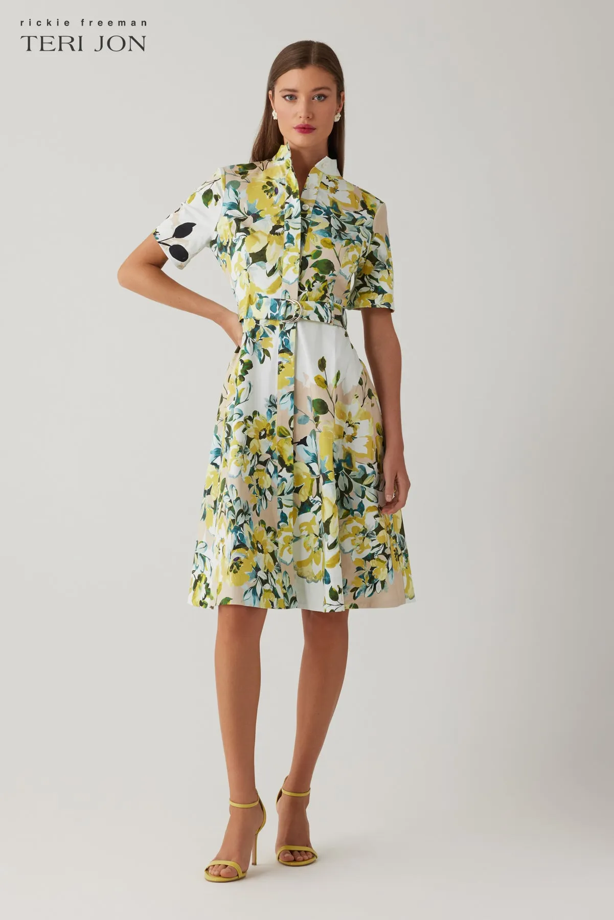 Cotton Print Mandarin Neck Shirtwaist Belted Dress sold by Teri Jon product image thumbnail 2
