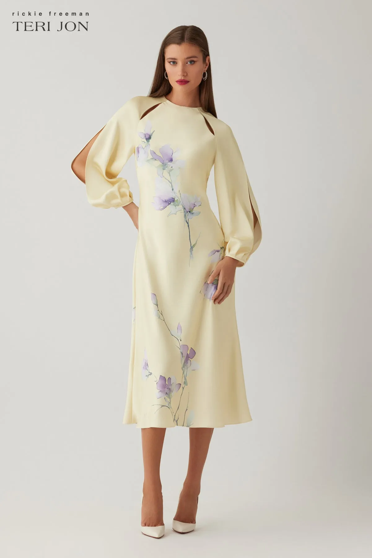 Crepe Back Satin Slit Long-Sleeve Floral Print Dress sold by Teri Jon