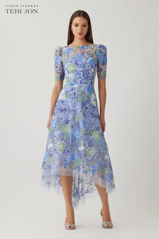Embroidred Tulle Floral High Low Hem Dress made by Teri Jon