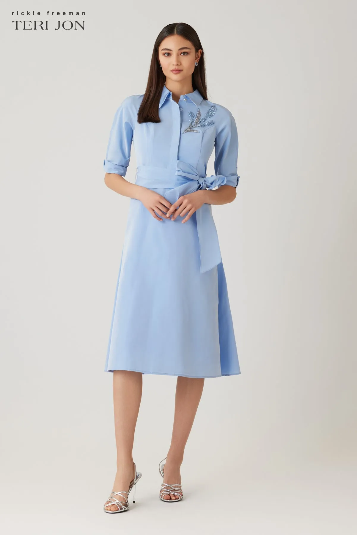 Taffeta Drop Waist Bead Trim Shirt Dress sold by Teri Jon product image thumbnail 2