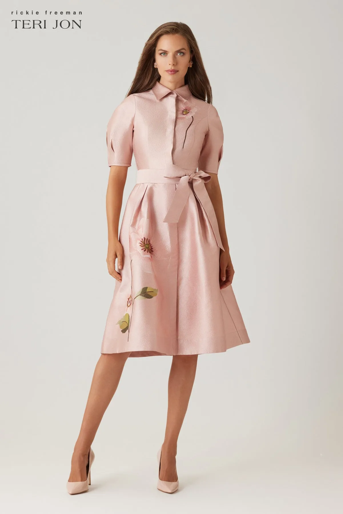 Shimmer Jacquard Embroiderd Flower Shirt Dress sold by Teri Jon product image thumbnail 2