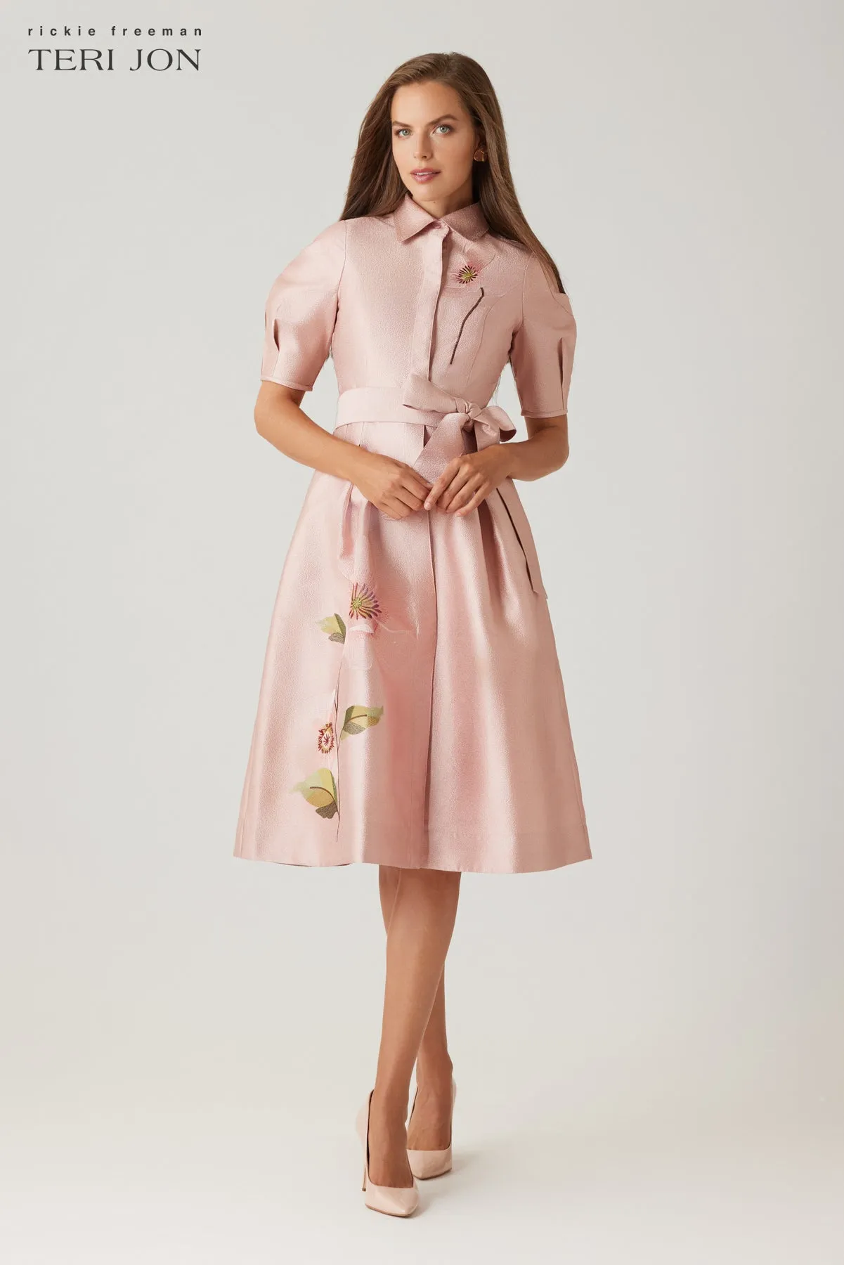 Shimmer Jacquard Embroiderd Flower Shirt Dress sold by Teri Jon