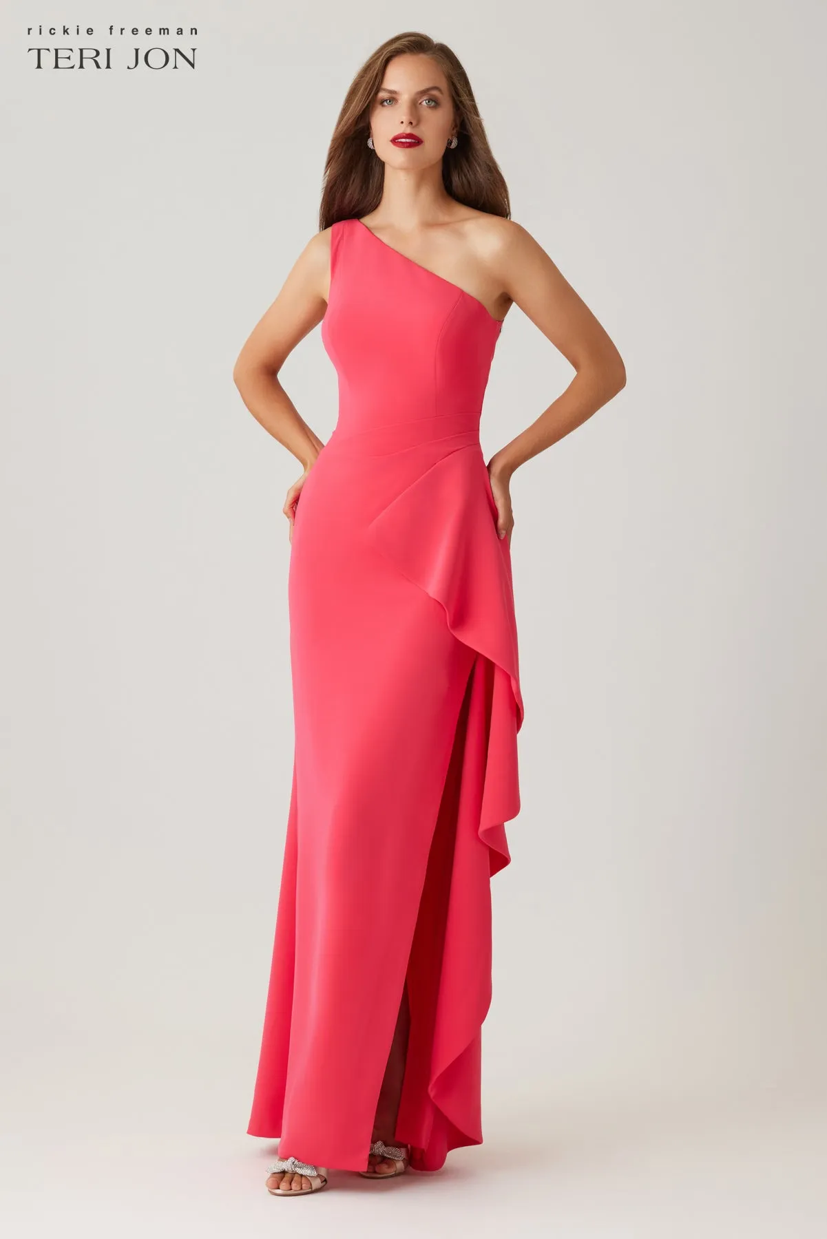 Crepe One Shoulder Side Drape Cascade Ruffle Gown sold by Teri Jon product image thumbnail 4