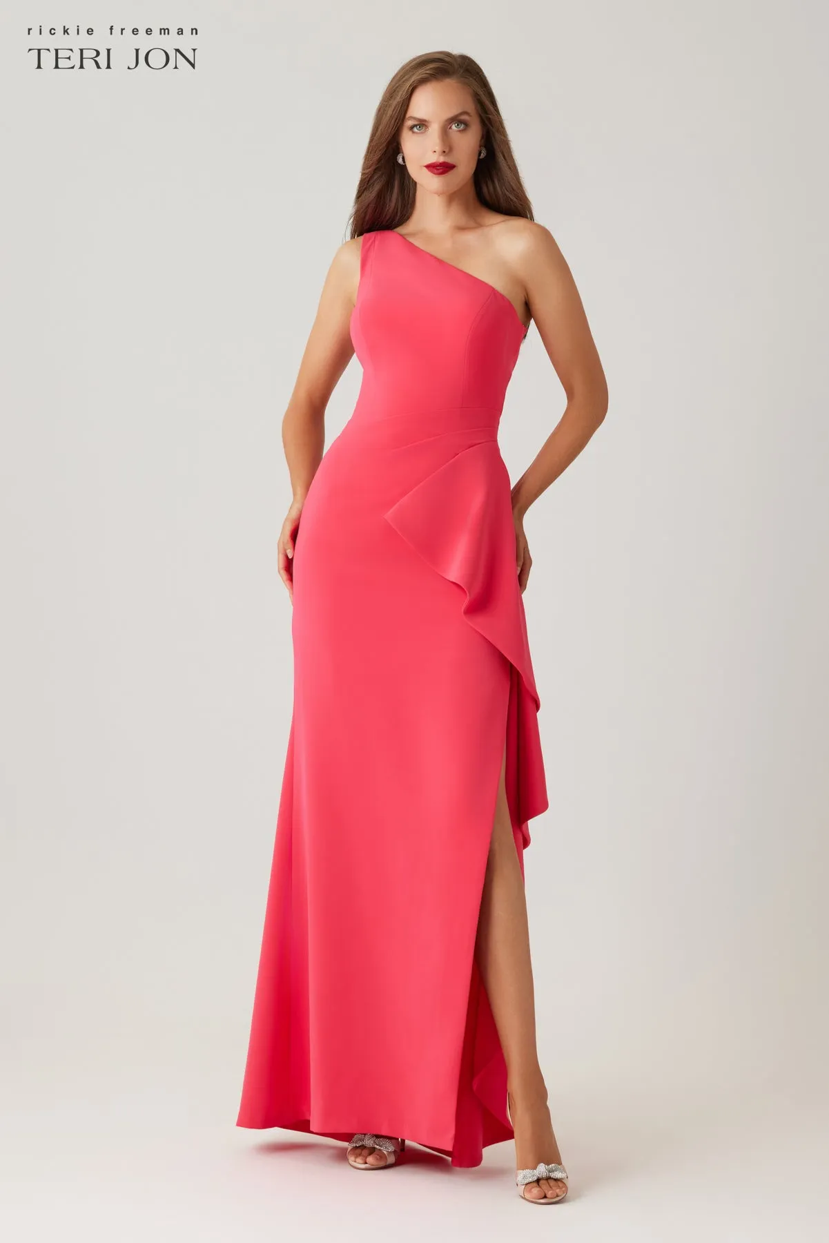 Crepe One Shoulder Side Drape Cascade Ruffle Gown sold by Teri Jon product image thumbnail 2