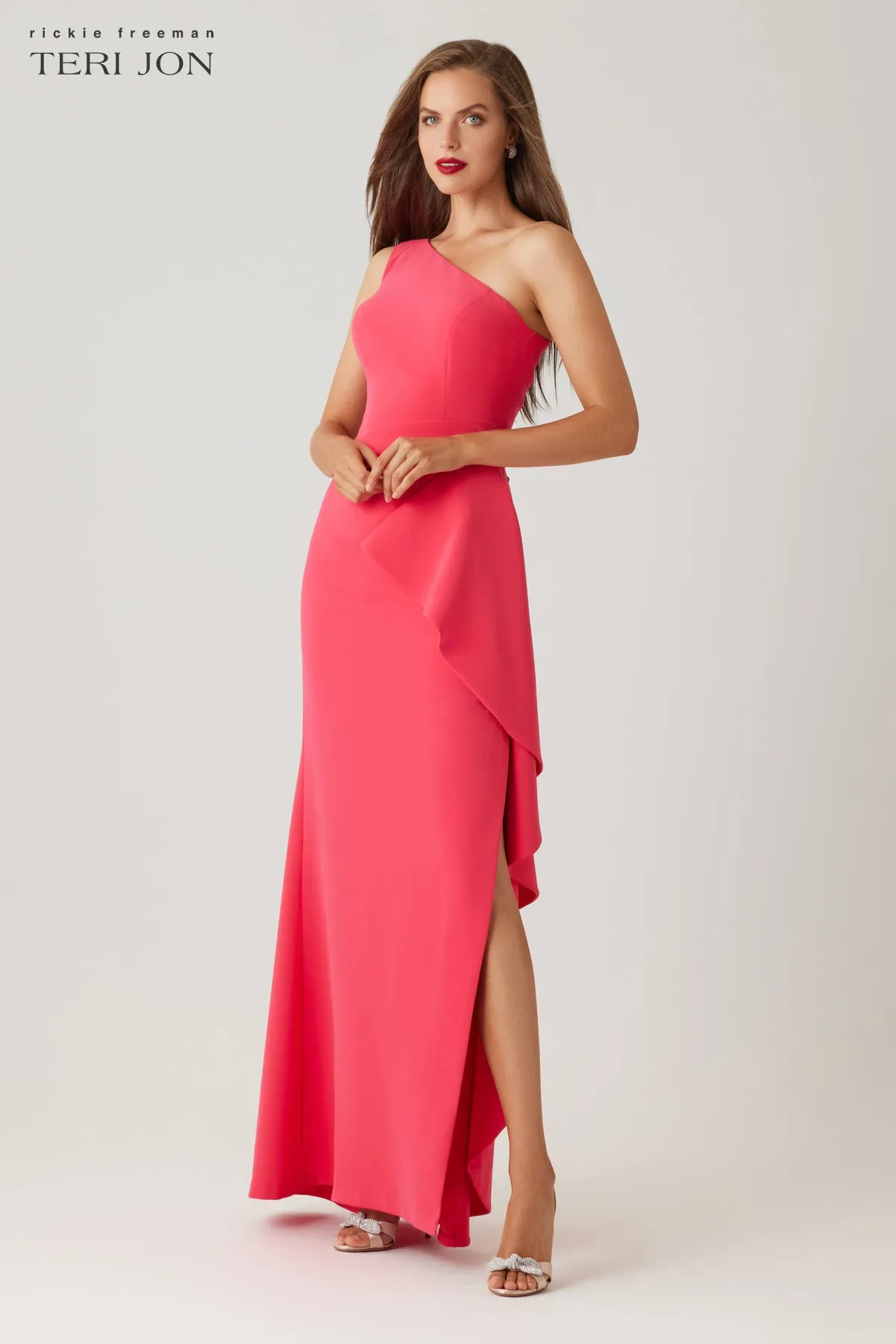 Crepe One Shoulder Side Drape Cascade Ruffle Gown sold by Teri Jon product image thumbnail 3
