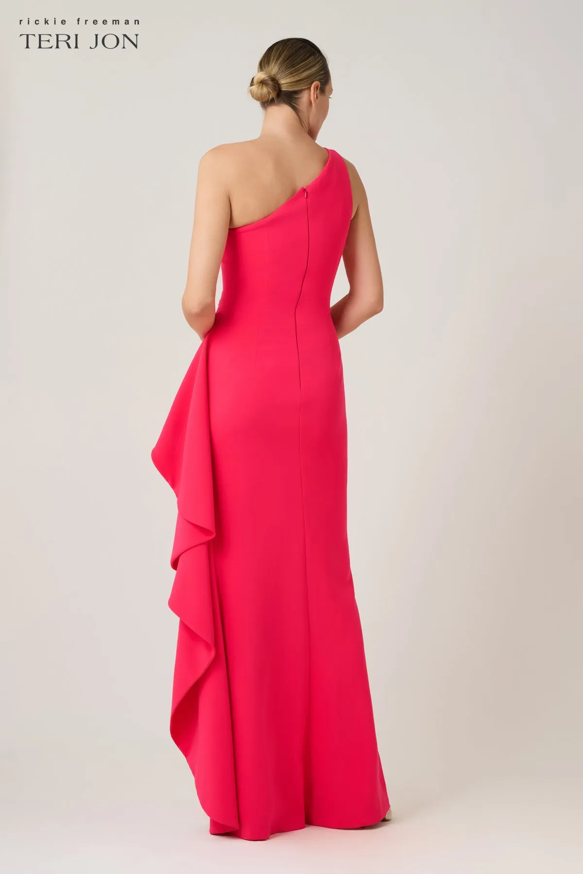 Crepe One Shoulder Side Drape Cascade Ruffle Gown sold by Teri Jon product image thumbnail 5