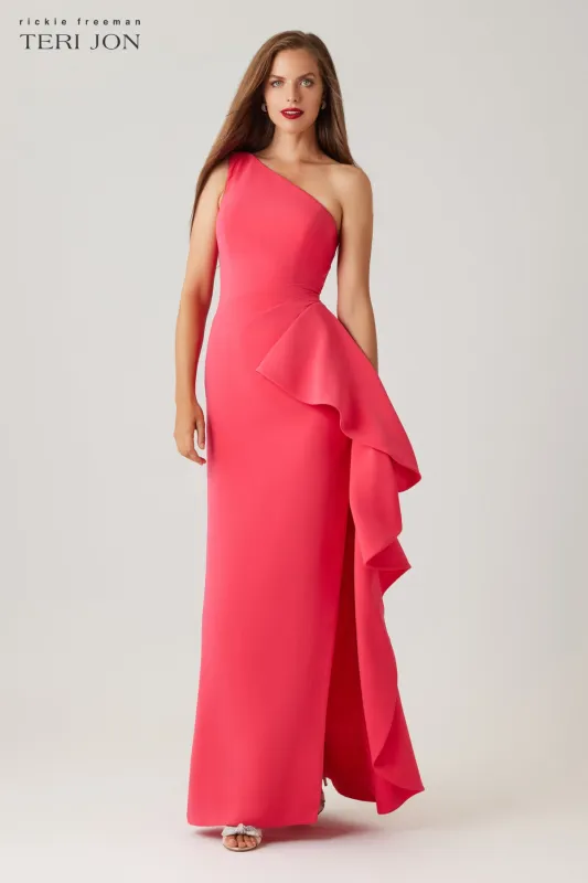 Crepe One Shoulder Side Drape Cascade Ruffle Gown sold by Teri Jon