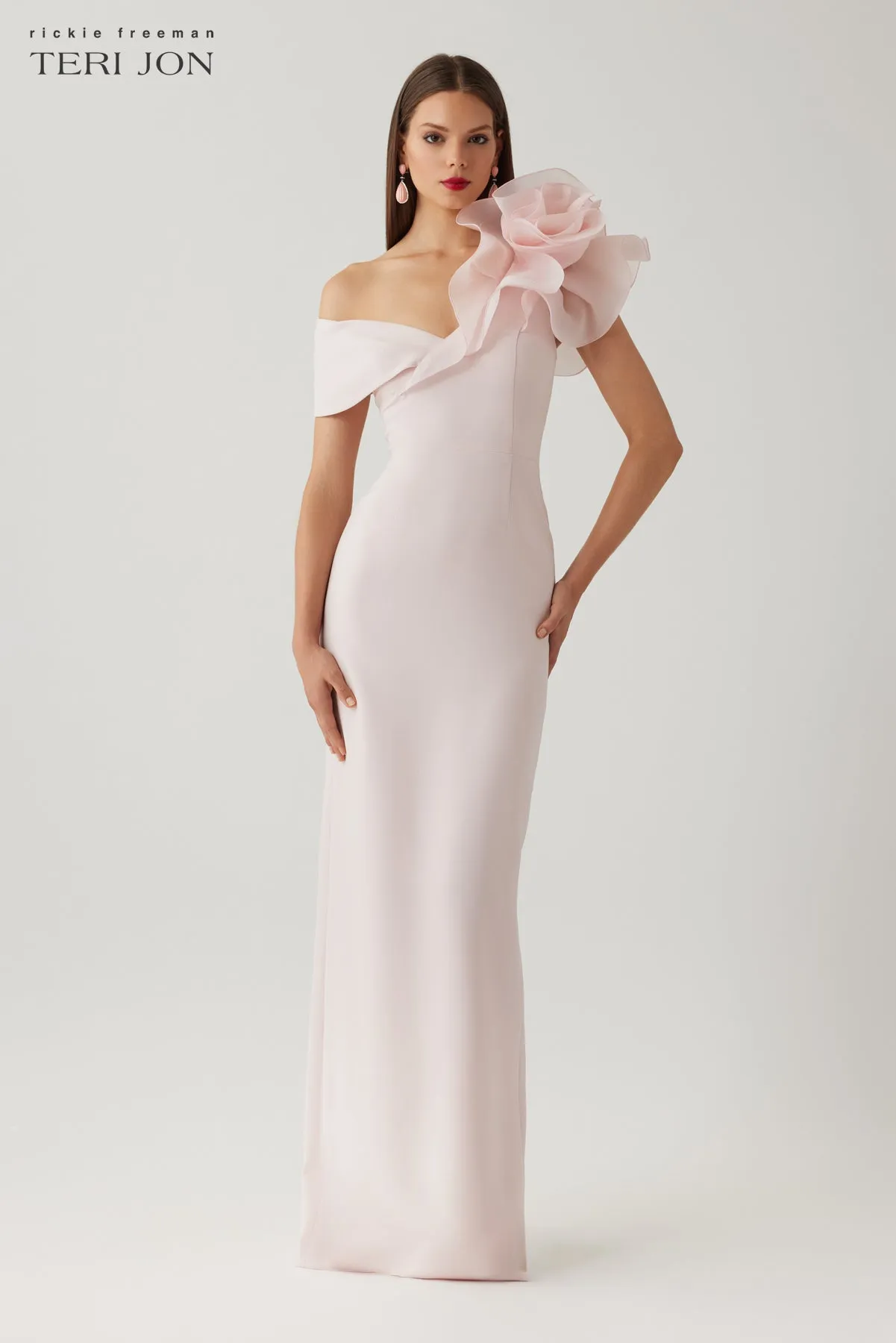 Crepe Asymmetrical Off-the-Shoulder Organza Ruffle Column Gown sold by Teri Jon product image thumbnail 2