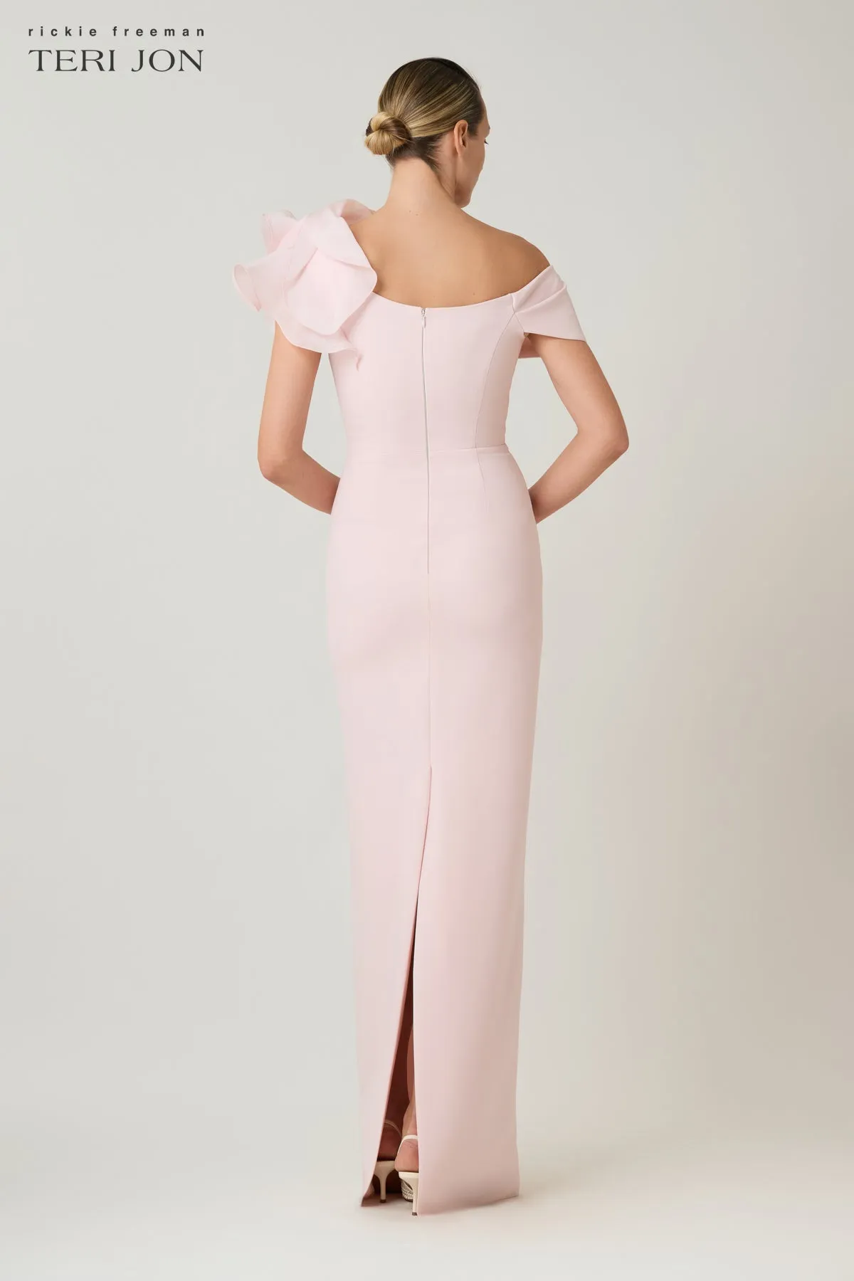 Crepe Asymmetrical Off-the-Shoulder Organza Ruffle Column Gown sold by Teri Jon product image thumbnail 4