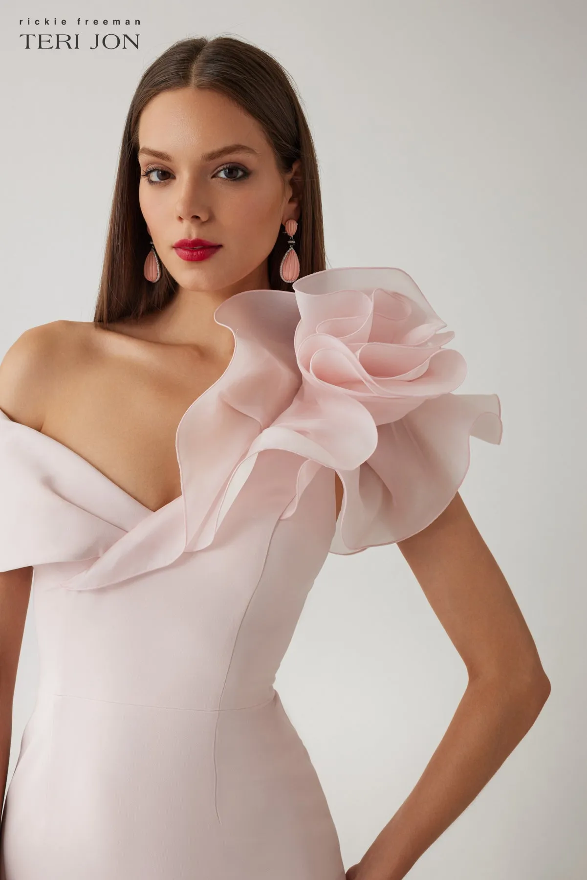 Crepe Asymmetrical Off-the-Shoulder Organza Ruffle Column Gown sold by Teri Jon product image thumbnail 3