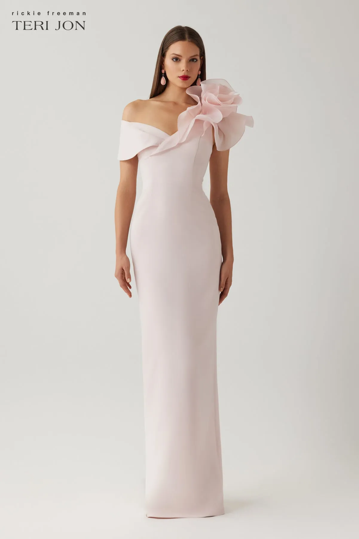 Crepe Asymmetrical Off-the-Shoulder Organza Ruffle Column Gown sold by Teri Jon