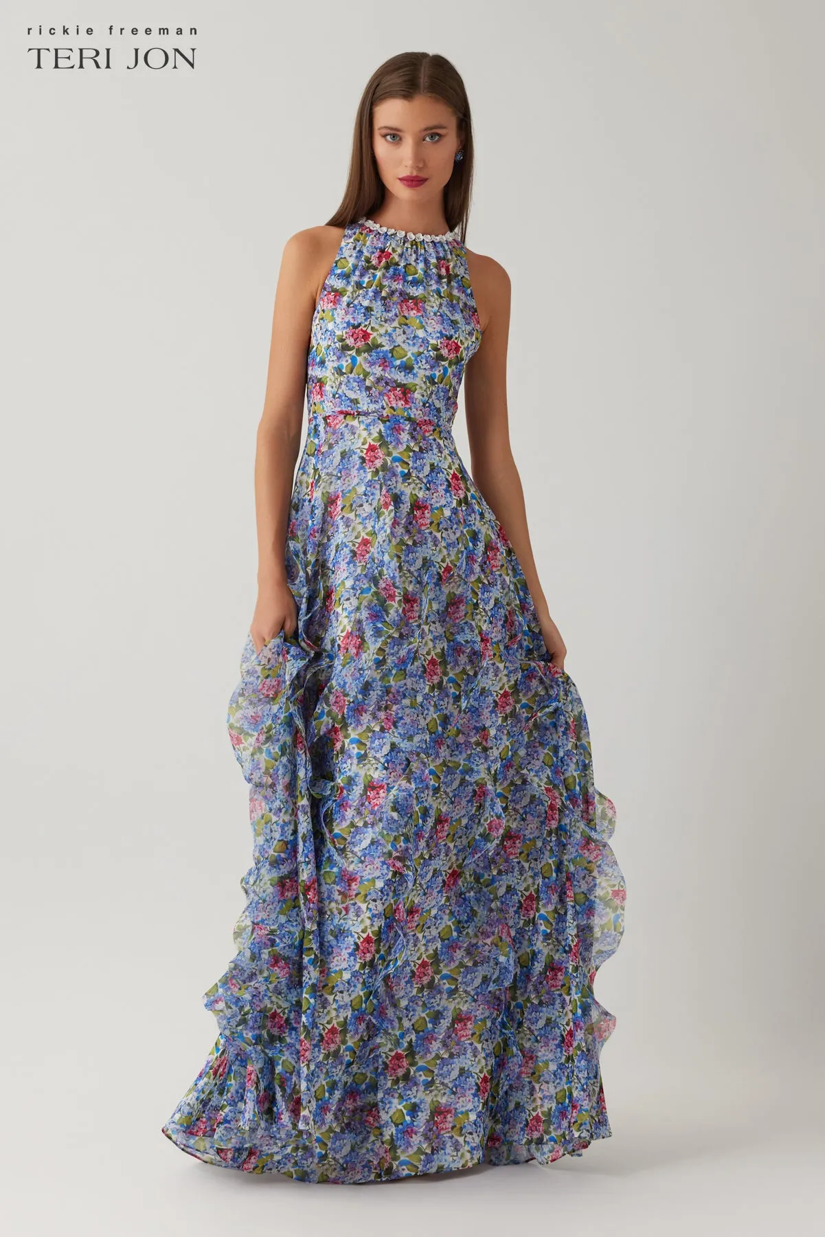 Printed Chiffon Halter Gown with Beaded Trim and Ruffle Skirt sold by Teri Jon product image thumbnail 2