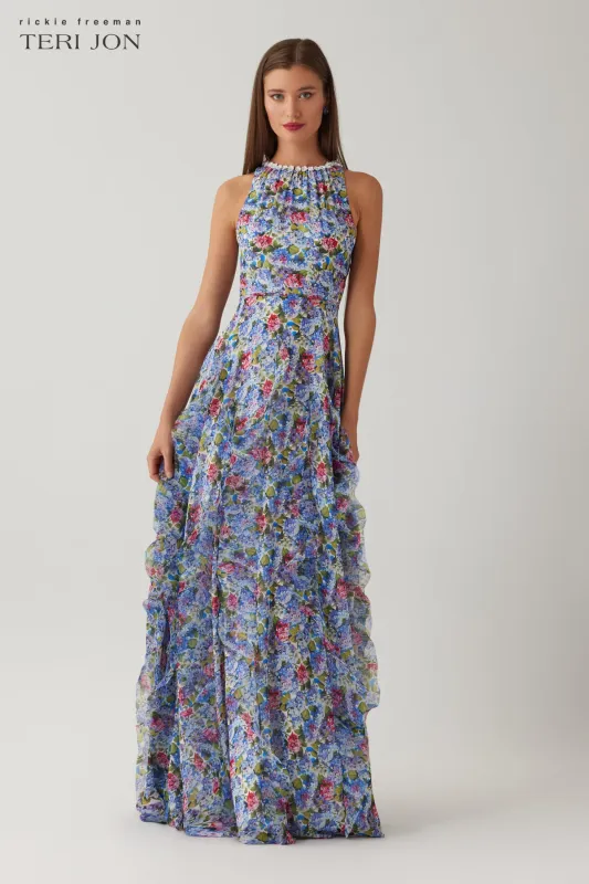 Printed Chiffon Halter Gown with Beaded Trim and Ruffle Skirt sold by Teri Jon