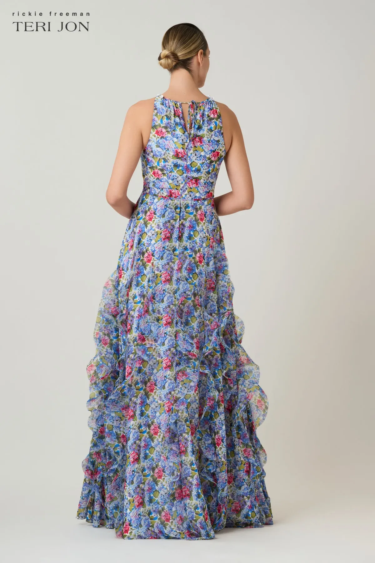 Printed Chiffon Halter Gown with Beaded Trim and Ruffle Skirt sold by Teri Jon product image thumbnail 3
