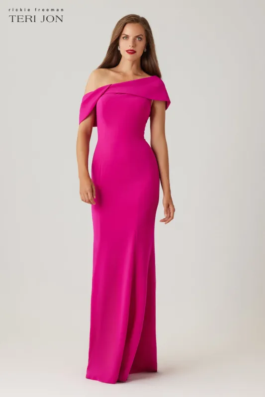 Scuba Off The Shoulder Cuff Asymmetrical Godet Gown sold by Teri Jon