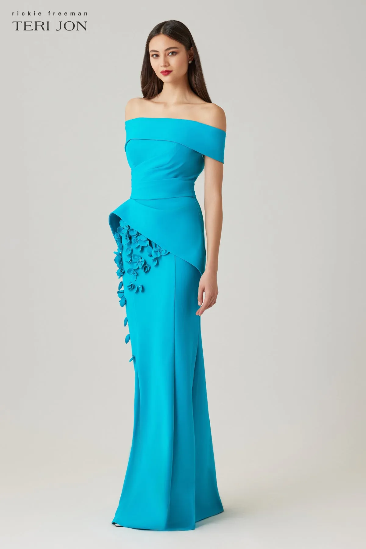 Scuba Off The Shoulder Cuff Asymmetrical Peplum Gown with 3D Floral Trim sold by Teri Jon product image thumbnail 3