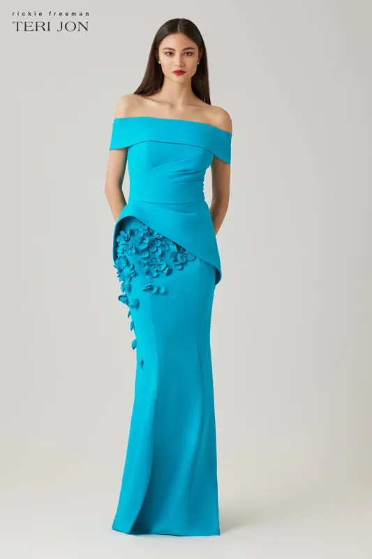 Scuba Off The Shoulder Cuff Asymmetrical Peplum Gown with 3D Floral Trim sold by Teri Jon