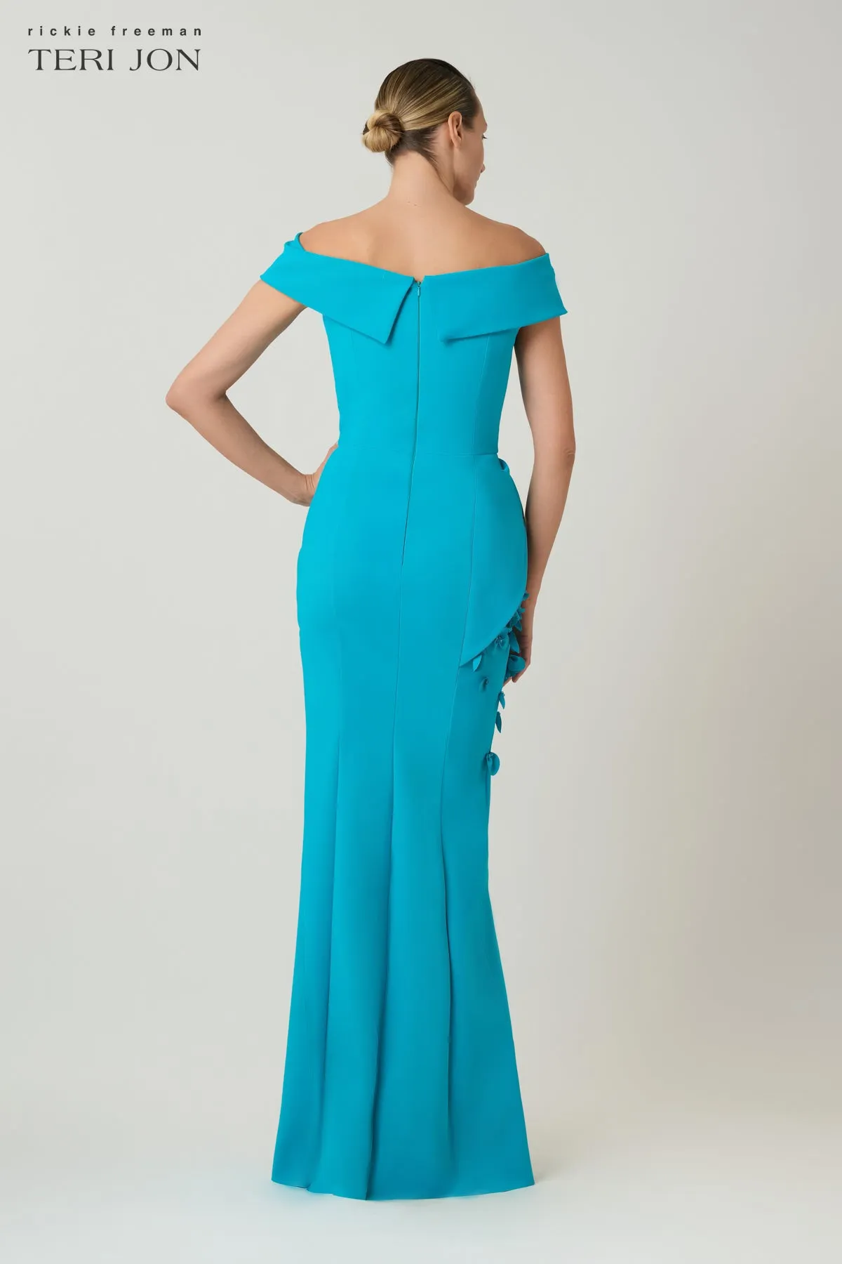 Scuba Off The Shoulder Cuff Asymmetrical Peplum Gown with 3D Floral Trim sold by Teri Jon product image thumbnail 4