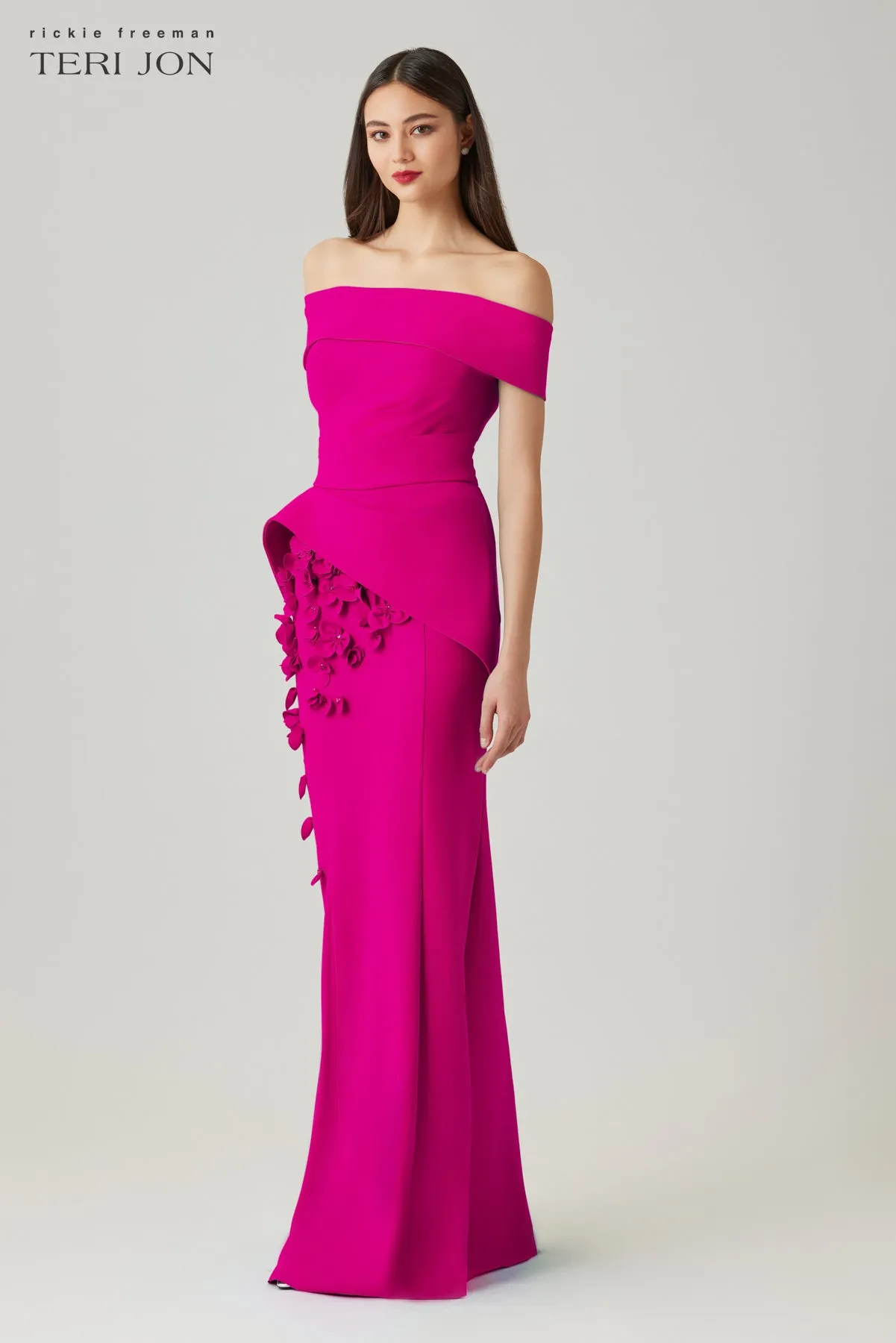 Scuba Off The Shoulder Cuff Asymmetrical Peplum Gown with 3D Floral Trim sold by Teri Jon product image thumbnail 5