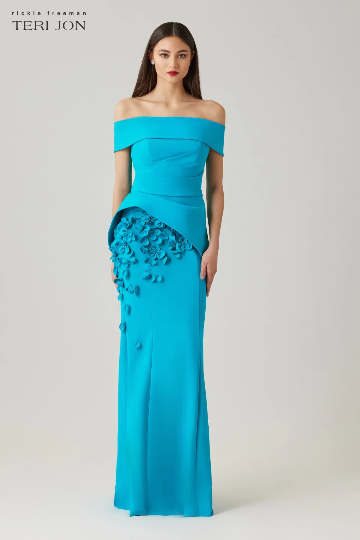 Scuba Off The Shoulder Cuff Asymmetrical Peplum Gown with 3D Floral Trim sold by Teri Jon product image thumbnail 2