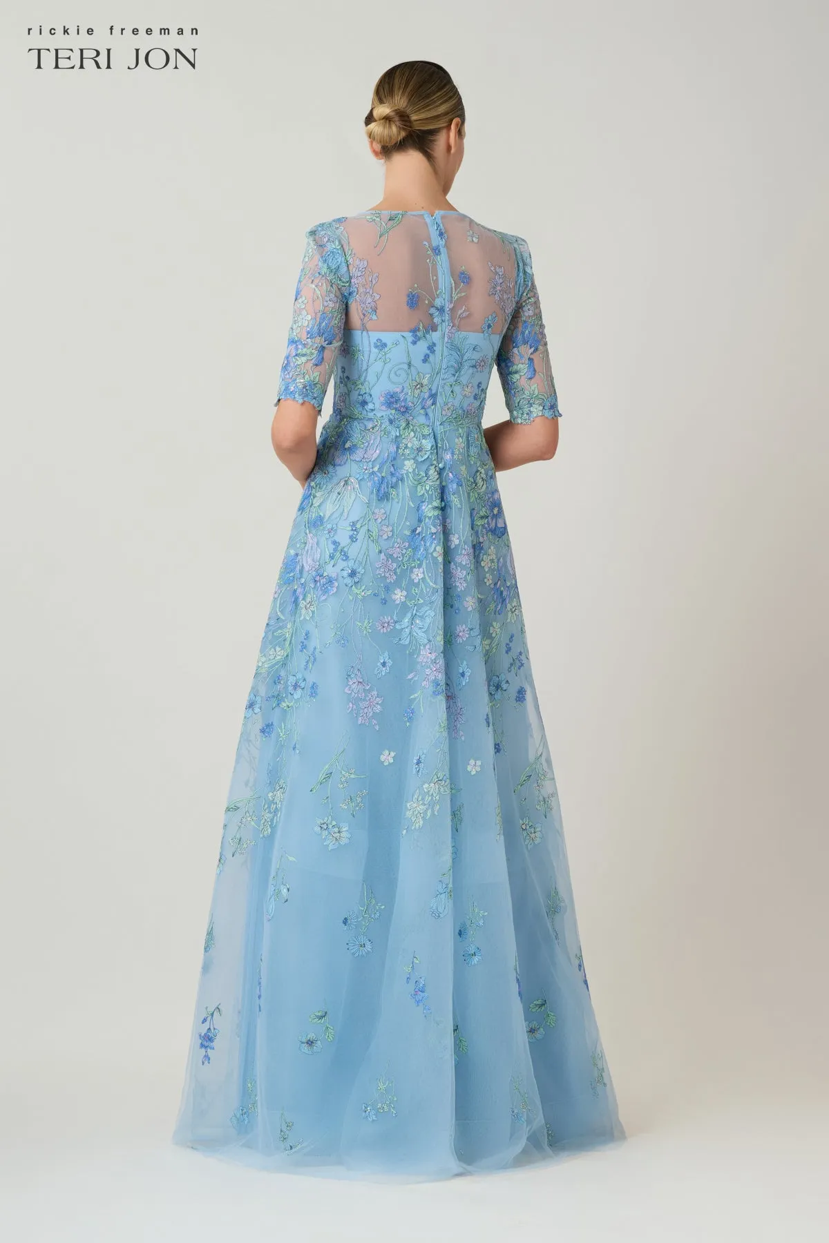 Embroidered Tulle Jewel Neck Elbow Sleeve Gown sold by Teri Jon product image thumbnail 3