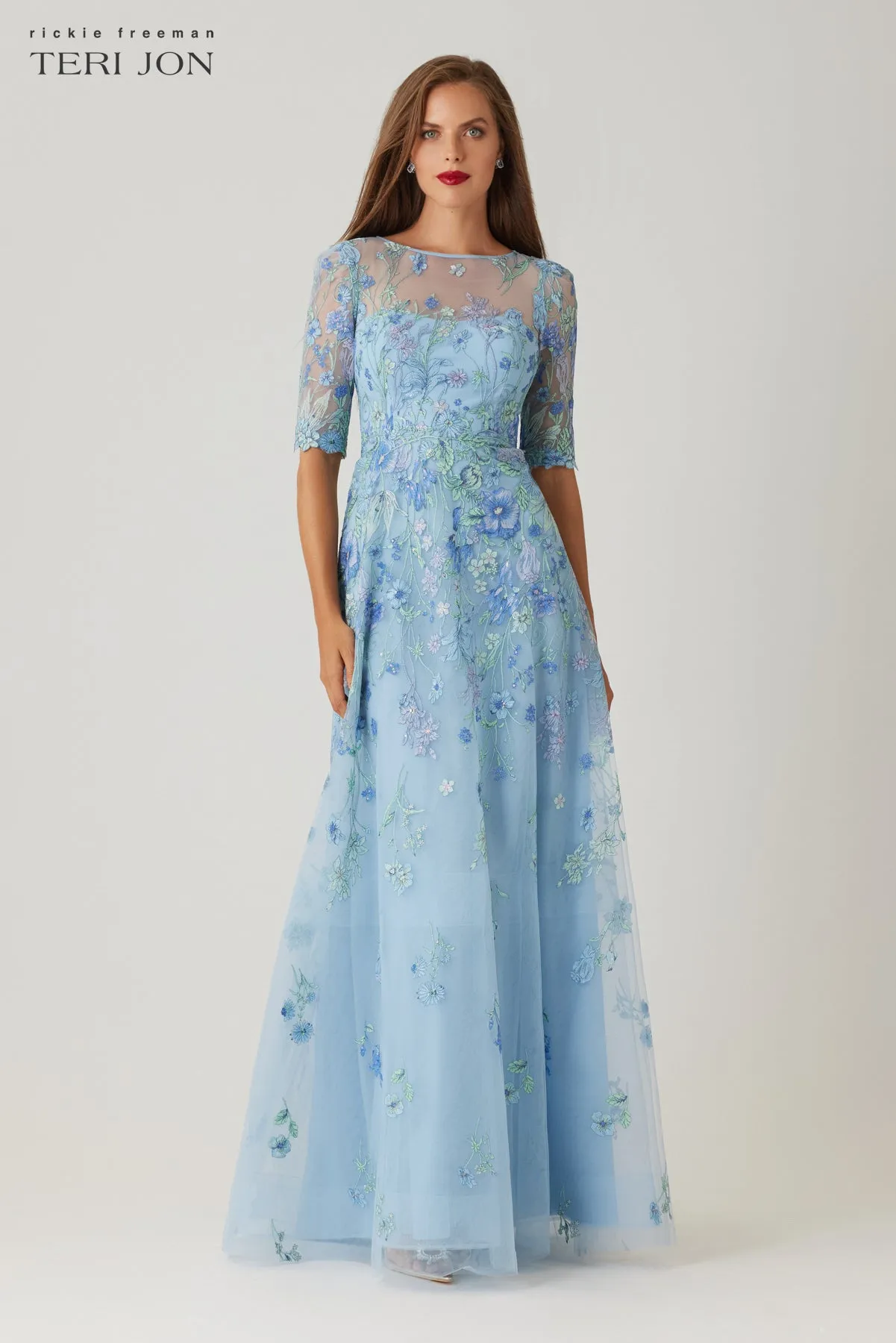 Embroidered Tulle Jewel Neck Elbow Sleeve Gown sold by Teri Jon