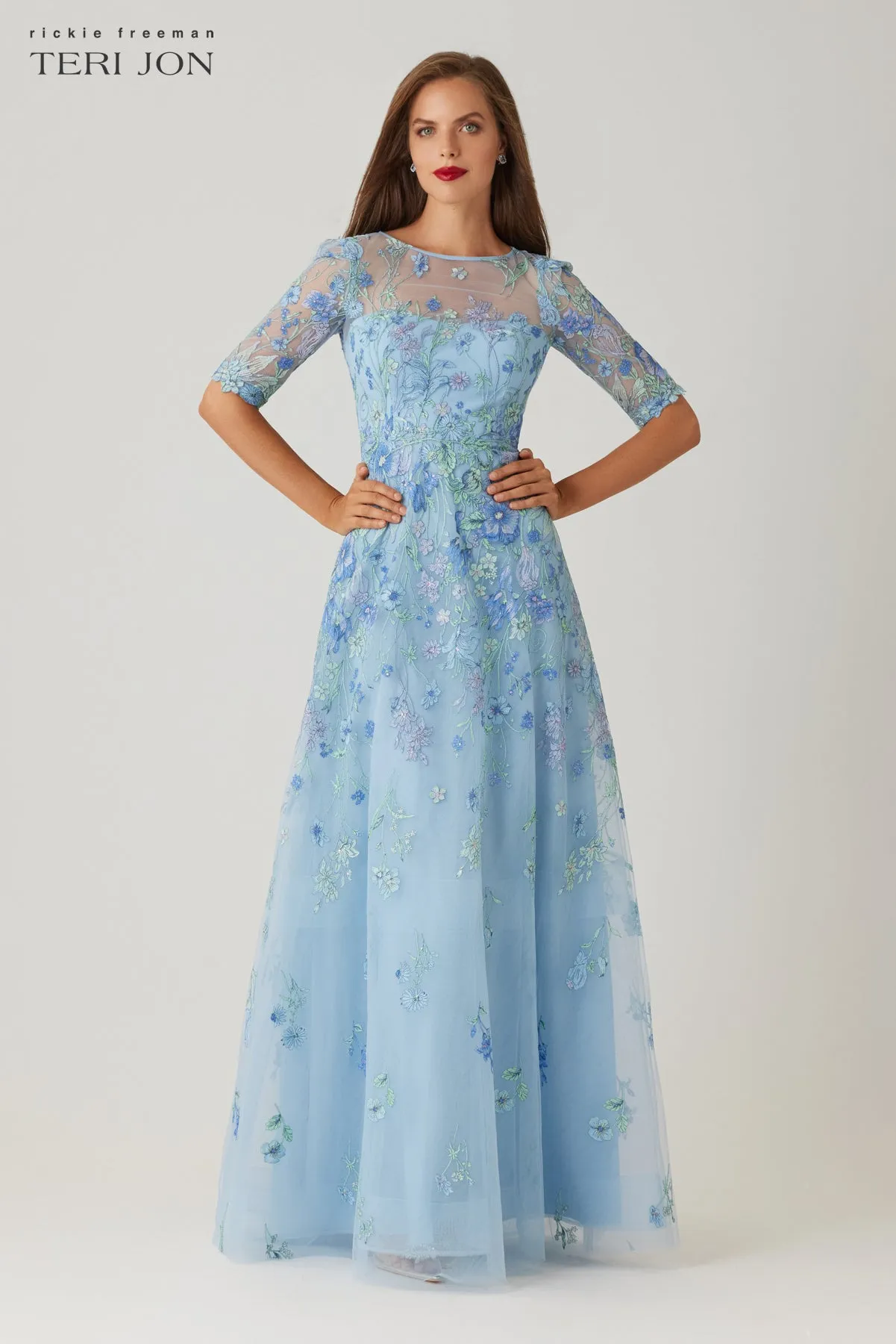 Embroidered Tulle Jewel Neck Elbow Sleeve Gown sold by Teri Jon product image thumbnail 2