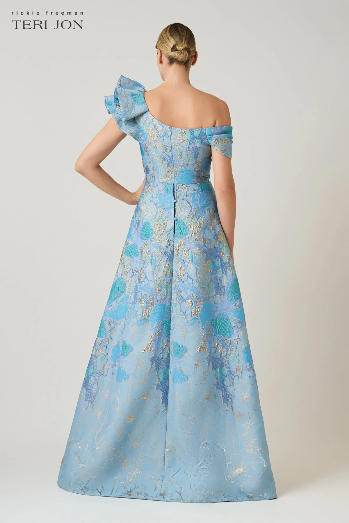 Metallic Jacquard Asymmetrical Ruffle Off The Shoulder A Line Gown sold by Teri Jon product image thumbnail 3