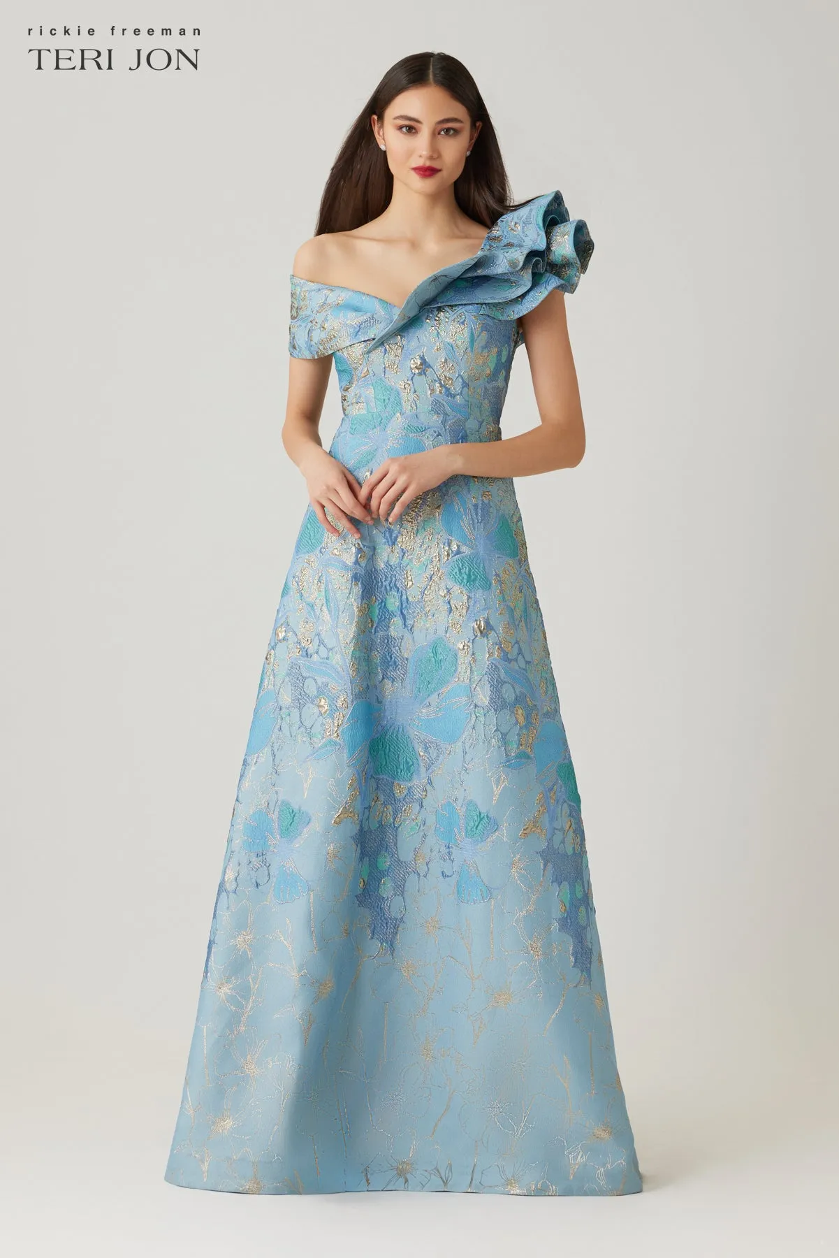 Metallic Jacquard Asymmetrical Ruffle Off The Shoulder A Line Gown sold by Teri Jon product image thumbnail 2