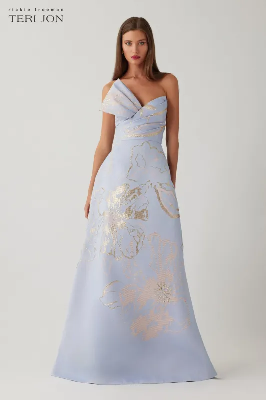 Metallic Jacquard Strapless Side Bow A Line Skirt Gown sold by Teri Jon