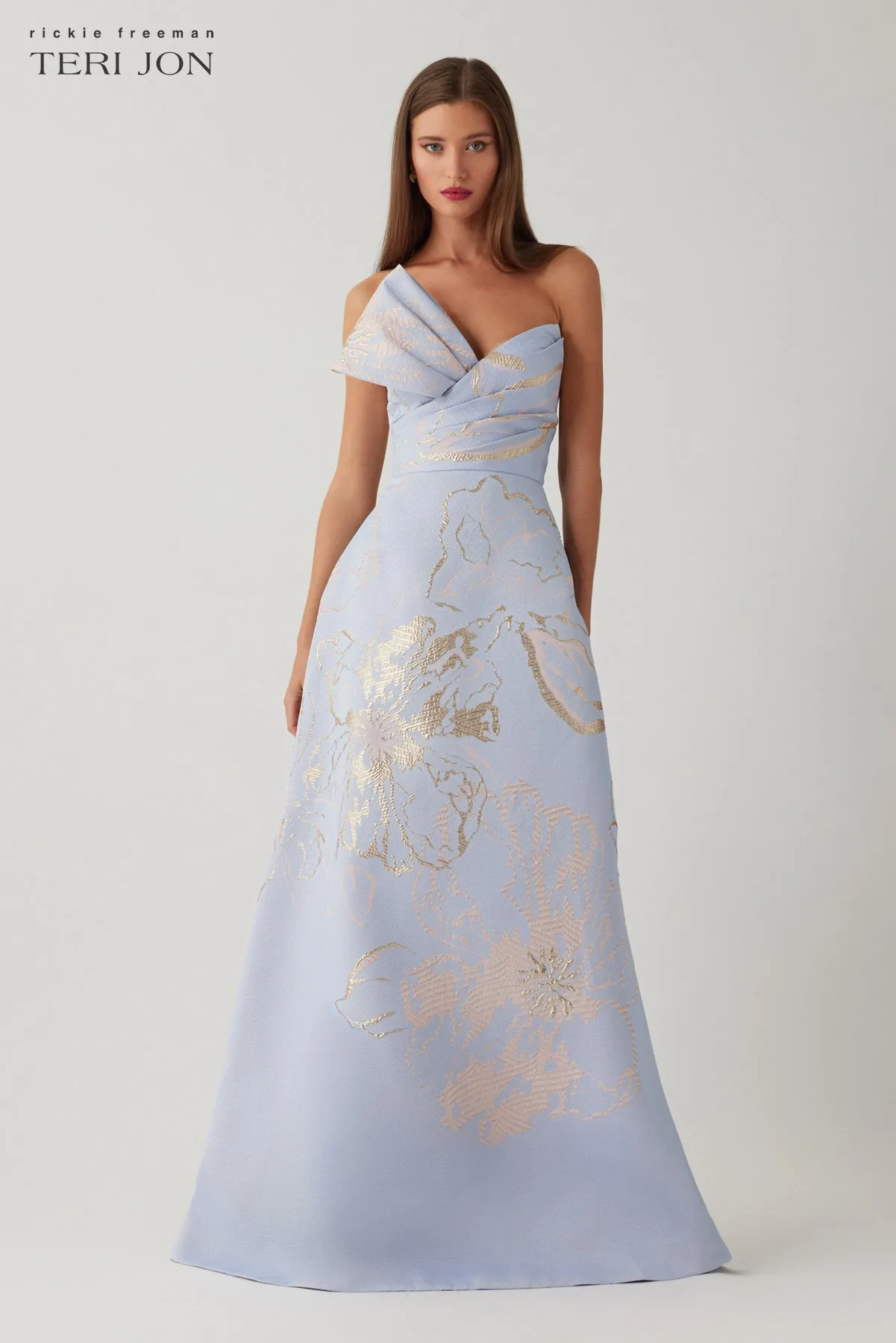 Metallic Jacquard Strapless Side Bow A Line Skirt Gown sold by Teri Jon