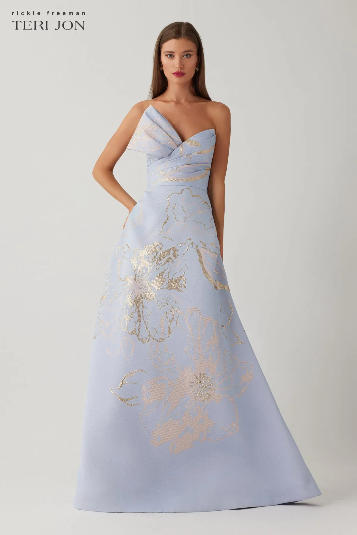 Metallic Jacquard Strapless Side Bow A Line Skirt Gown sold by Teri Jon product image thumbnail 2