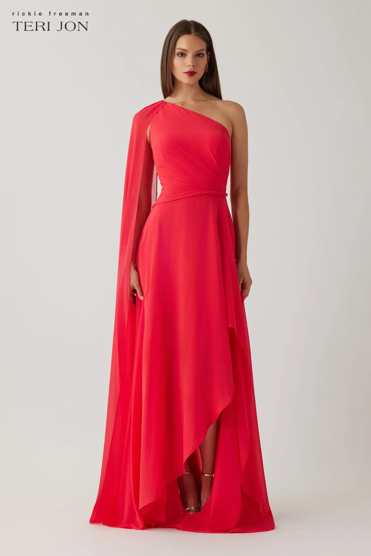 Chiffon One Shoulder Cape Sleeve Side Drape Gown sold by Teri Jon product image thumbnail 2