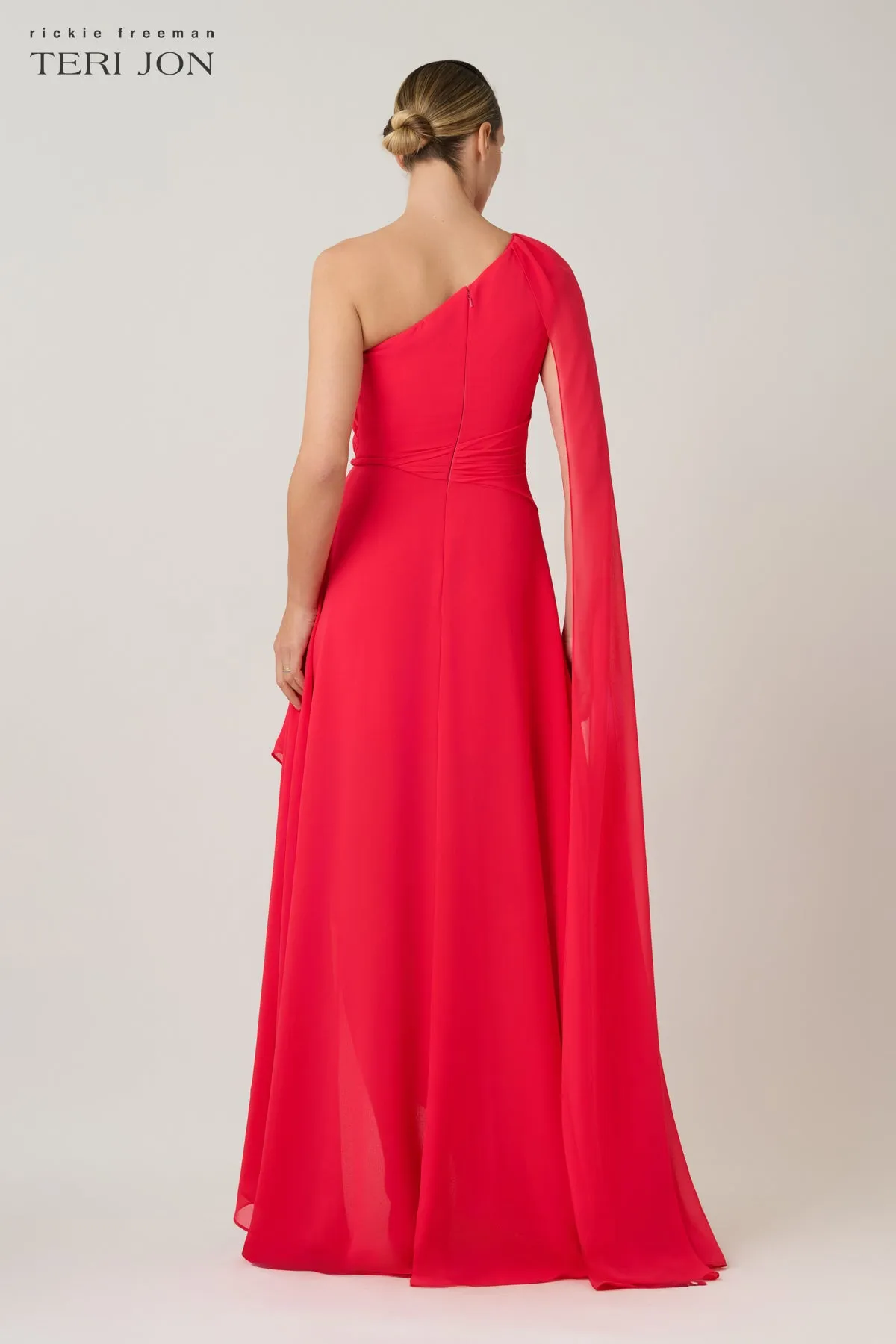 Chiffon One Shoulder Cape Sleeve Side Drape Gown sold by Teri Jon product image thumbnail 4