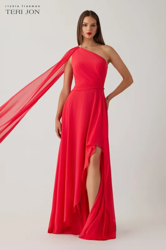 Chiffon One Shoulder Cape Sleeve Side Drape Gown sold by Teri Jon