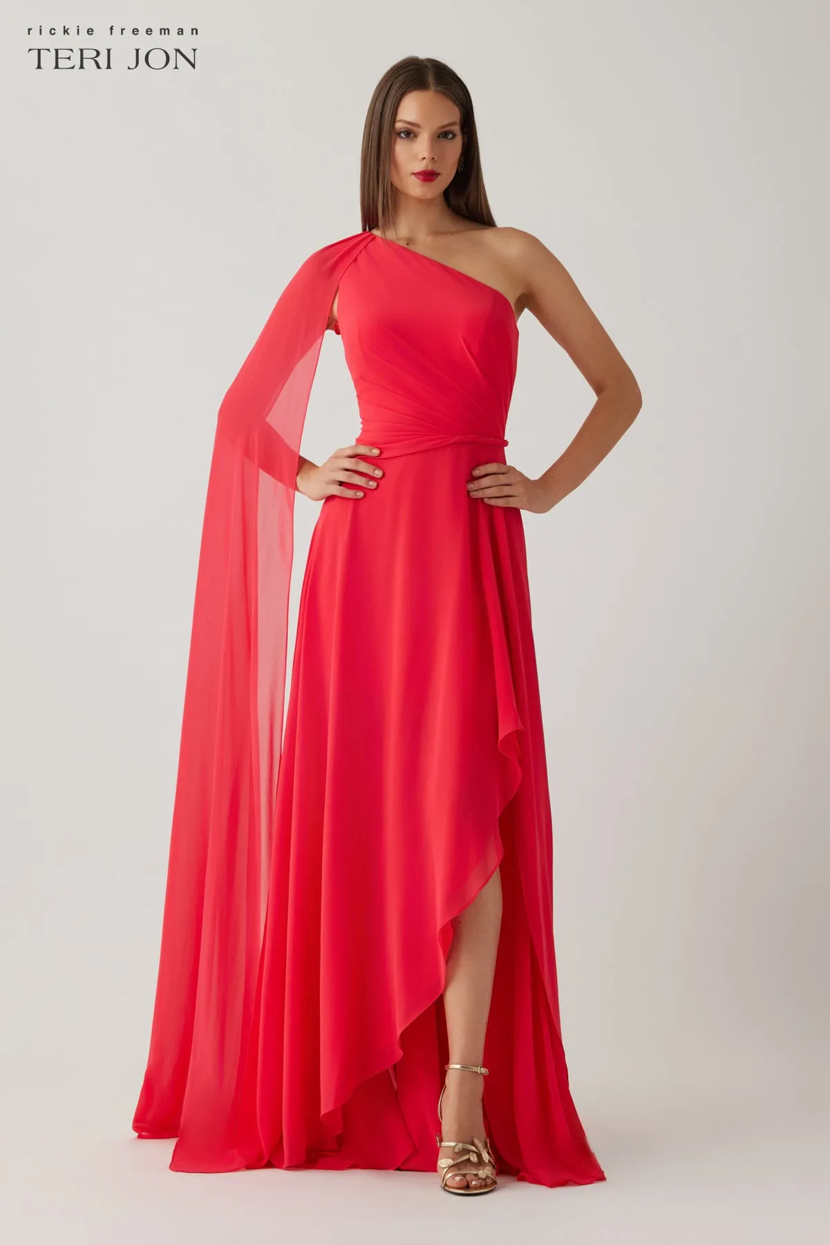 Chiffon One Shoulder Cape Sleeve Side Drape Gown sold by Teri Jon product image thumbnail 3