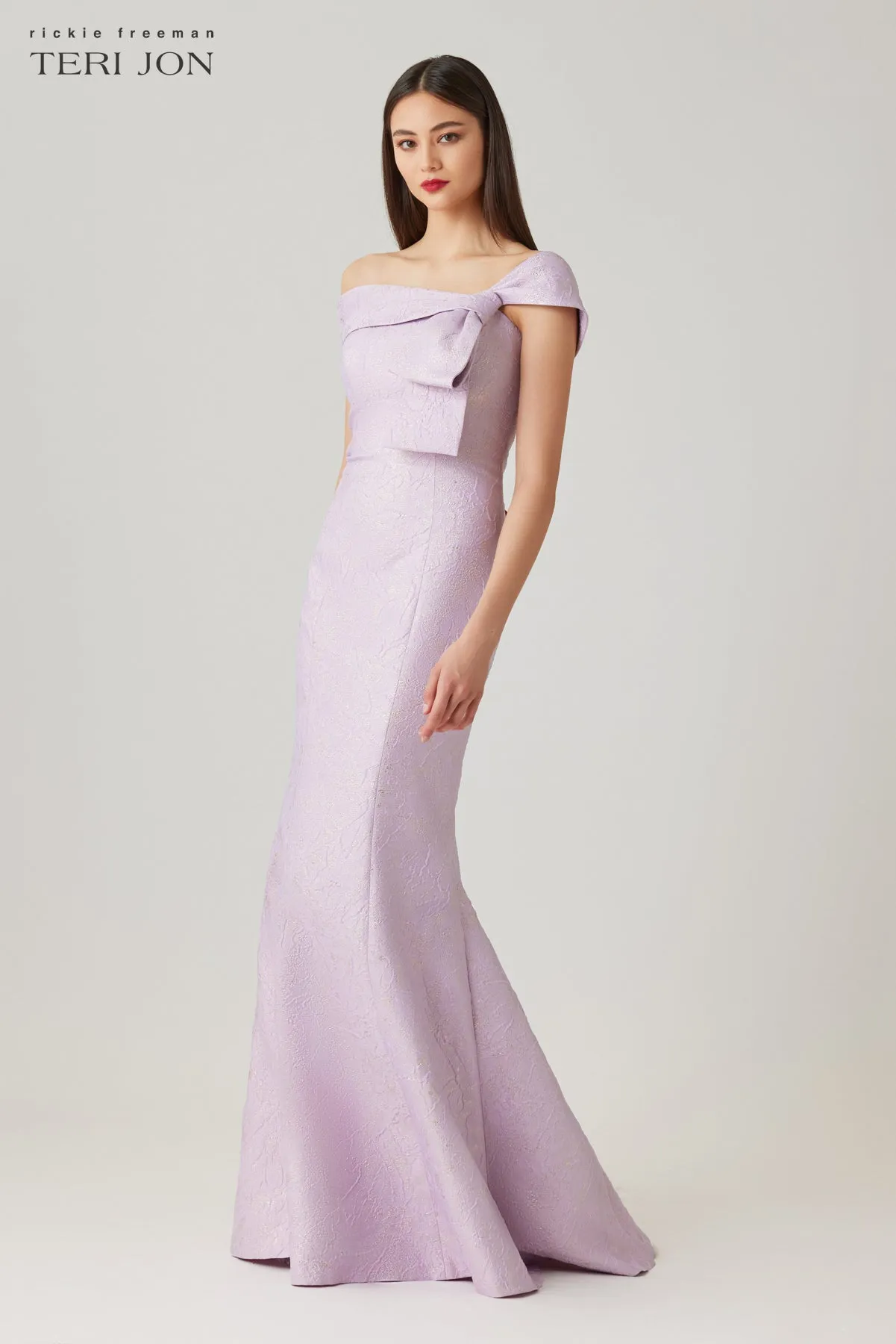 Jacquard Asymmetrical Off The Shoulder Side Bow Godet Gown sold by Teri Jon product image thumbnail 3