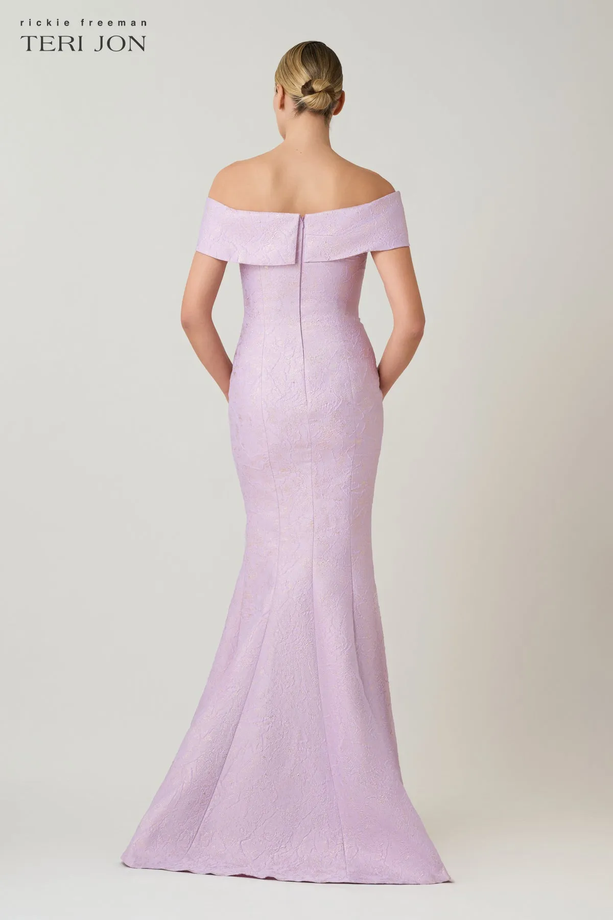 Jacquard Asymmetrical Off The Shoulder Side Bow Godet Gown sold by Teri Jon product image thumbnail 4