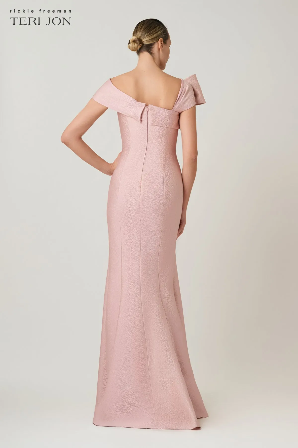 Metallic Jacquard Asymmetric Neck Bow Shoulder Gown sold by Teri Jon product image thumbnail 4