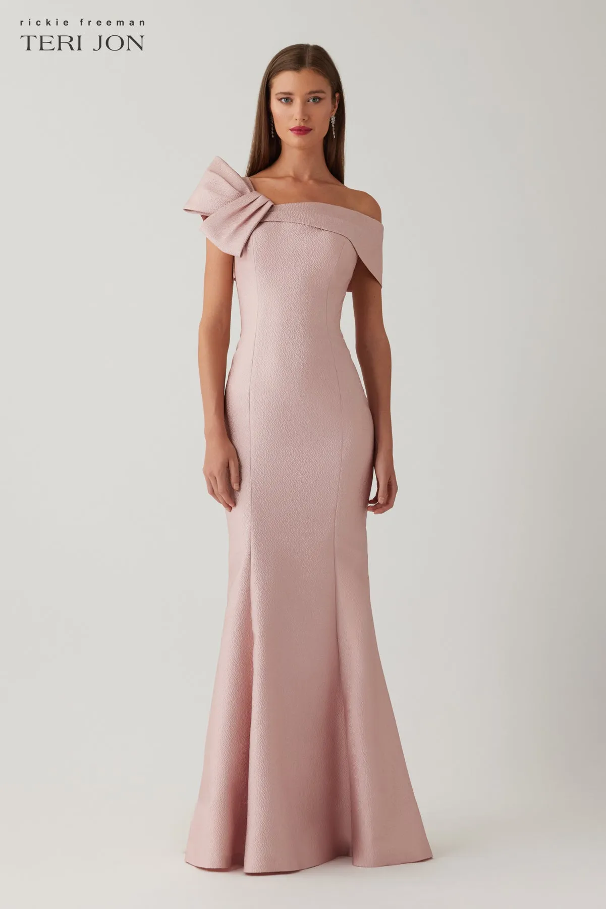 Metallic Jacquard Asymmetric Neck Bow Shoulder Gown sold by Teri Jon